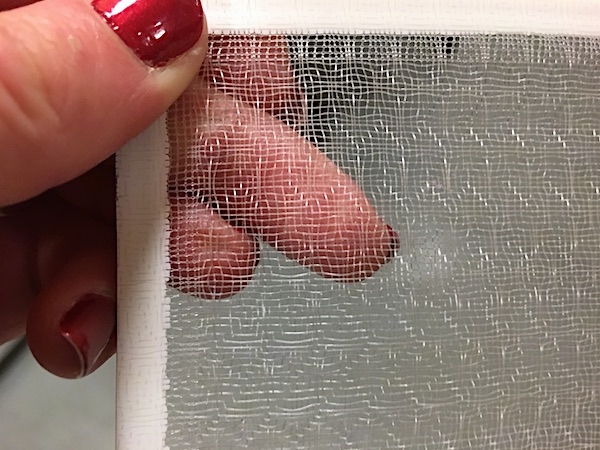 Close-up - A person with red painted fingernails holding a white screen-like filter.