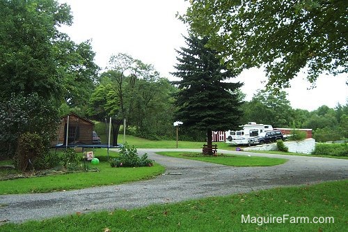 A paved driveway turnaround with an island that has a big tree in the middle. There is a basketbal rim next to the driveway, a trampoline on the field adjacent to the driveway, a brown cedar shed, a red barn, a 1996 black Toyota Land Cruiser and a white RV camper.