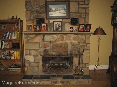 A stone fireplace with photos on top of the mantel. There is a wooden This End Up bookshelf next to it. There is a lamp on the otherside