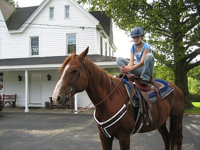 A tacked up brown and white horse is standing in a driveway in front of a white farm house with a wrap around porch. A blonde-haired girl wearing a blue shirt, blue jeans and a blue helmet is sitting on the horse with her feet up on the horse's back.