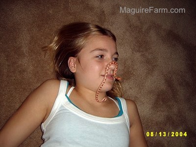 A blonde-haired girl in a white shirt is laying on a carpet. She has an orange and white snake on her face