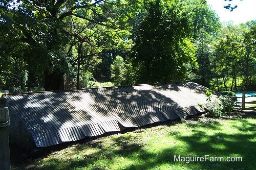 The tin rroof of the springhouse with a split rail fence and an in-ground swimming pool in the background